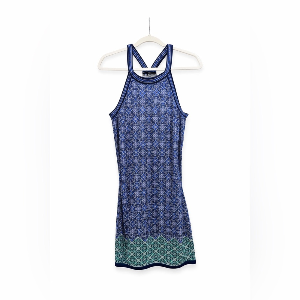 Max Studio Blue Patterned Halter Mini Dress with Teal Border